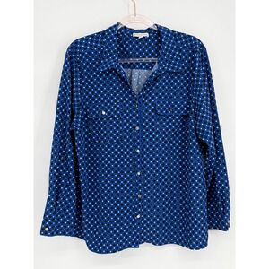 Notations Womens Blue Polka Dot Button Down Long Sleeve Blouse Sz XL